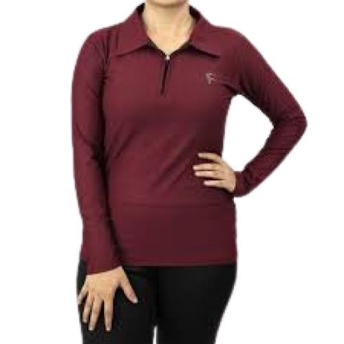 Maroon Ladies Plain Polo Neck Long Sleeve Cotton T Shirt