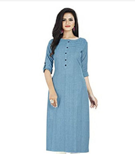 Light Blue Plain Pattern Round Neck Washable And Comfortable Ladies Cotton Kurti 