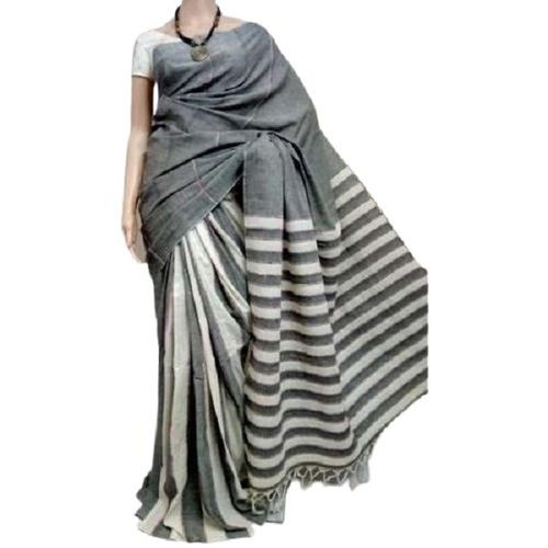 Grey With White Simple Breathable Striped Pattern Cotton Saree For Ladies