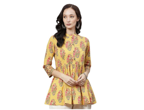 हवा पार होने योग्य और आरामदायक 3/4 स्लीव प्रिंटेड कॉटन लेडीज़ टॉप