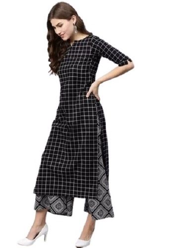 Crepe Fabric Cotton Half Sleeve Casual Wear Women Black Checkered Straight Kurta