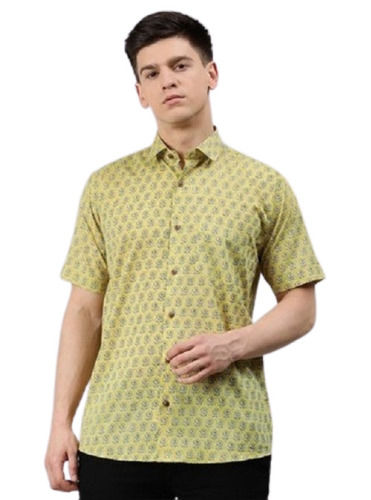 Washable Yellow Printed Men Half Sleeves Straight Collar Cotton Casual Shirt 