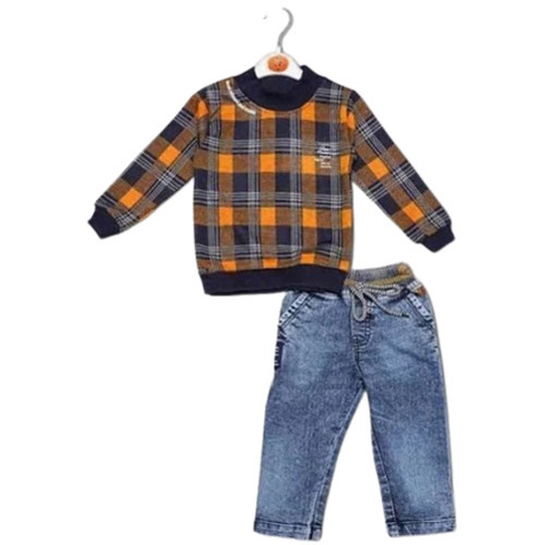 Daily Wear Round Neck Checked Print Full Sleeves T Shirt With Denim Jeans For Kids 