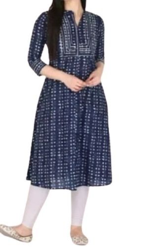 Blue Quarter Sleeves And Collar Neck Printed Cotton Kurti