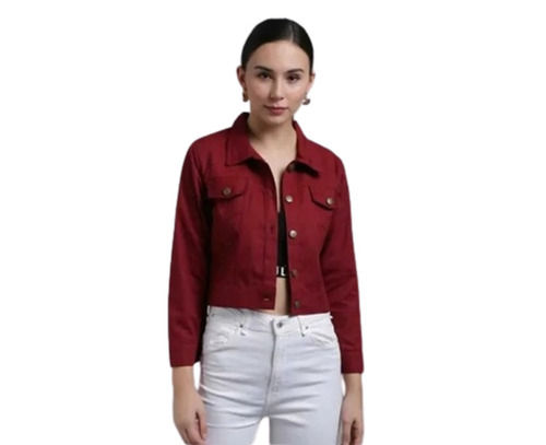 Maroon Washable And Breathable Full Sleeve Straight Collar Plain Cotton Jacket For Ladies 