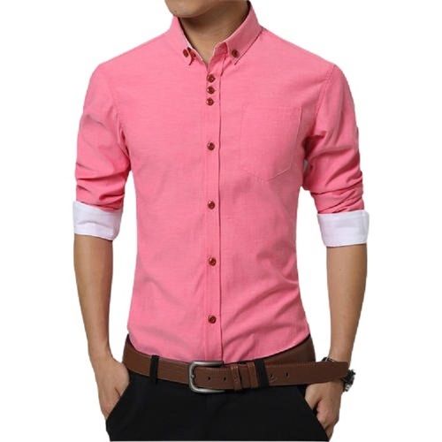 Pink Breathable Classic Collar Full Sleeve Plain Cotton Formal Shirt For Men