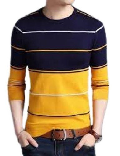  पुरुषों के लिए आरामदायक फुल स्लीव गोल नेक स्ट्राइप्ड कॉटन टी-शर्ट 