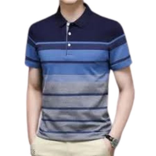 Navy Blue With Grey Causal Wear Half Sleeve Comfortable Breathable Striped Cotton Polo T Shirt For Men