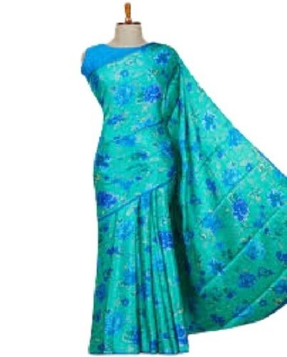 Green With Blue Ladies Fancy South Style Traditional Durable Soft Printed Casual Wear Silk Saree