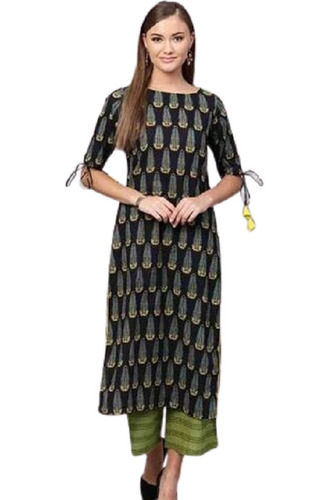 Black Sleek Desigened Simple And Attractive Regular Pure Cotton Printed Kurti 