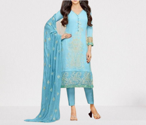 Sky Blue Embroidered Pattern 3/4th Sleeves Comfortable Cotton Ladies Suit