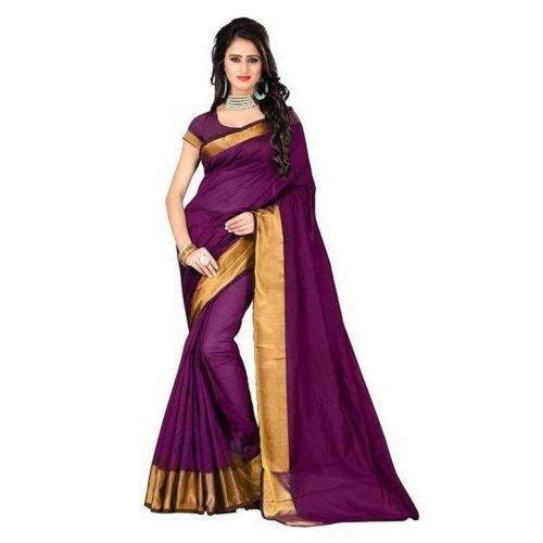 Purple  & Golden Plain Banarasi Cotton Silk Saree