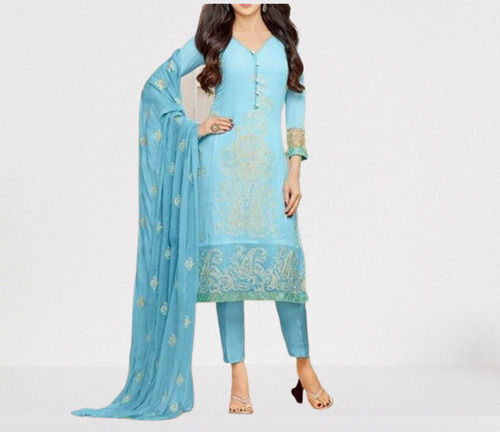 Washable Sky Blue Embroidered Pattern 3/4th Sleeves V Neck Ladies Suit 