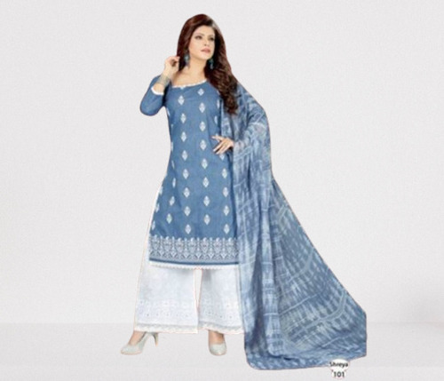 Blue And White 3/4th Sleeves Comfortable And Designer Ladies Cotton Palazzo Suit