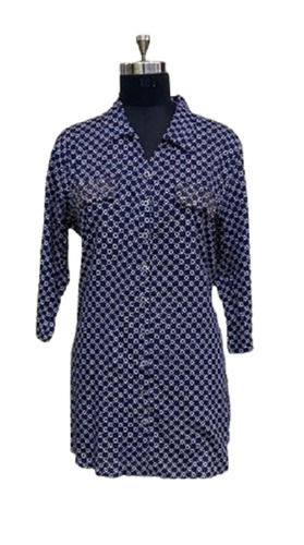 Navy Blue Comfortable Printed 3/4Th Sleeves Classic Collar Rayon Shirts For Women