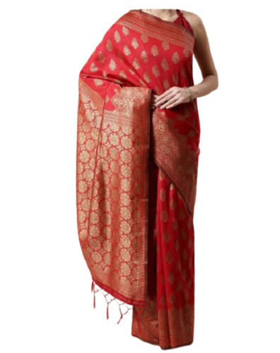 Red And Golden Ladies Washable Party Wear Printed Cotton Silk Blend Saree With Blouse Piece