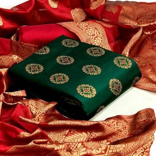 Green And Red Skin Friendly Traditional Wear Zari Work Unstitched Banarasi Silk Suit 