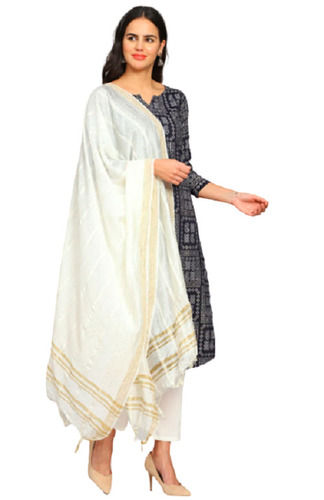 Grey And White Ladies Regular Fit 3/4Th Sleeves Bandhani Print Straight Kurti With Dupatta