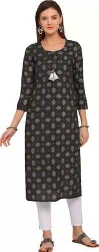 Black Ladies Regular Fit 3/4Th Sleeves Round Neck Casual Wear Printed Cotton Kurti