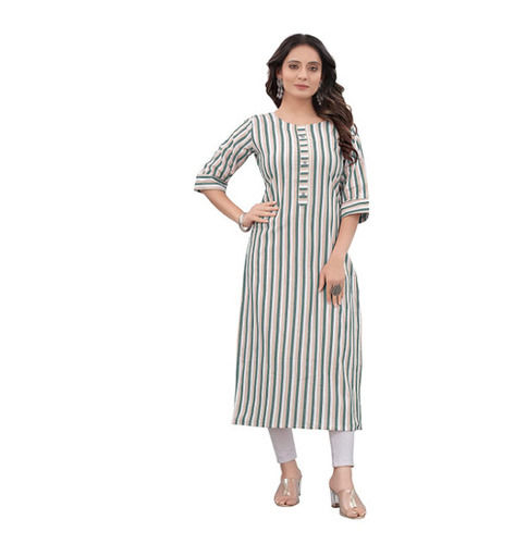 Daily Wear Ladies 3/4Th Sleeves Round Neck Stripped Cotton Kurti