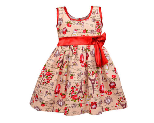 Kids Short Sleeves Round Neck Printed Cotton Frock For 2-3 Years Girls