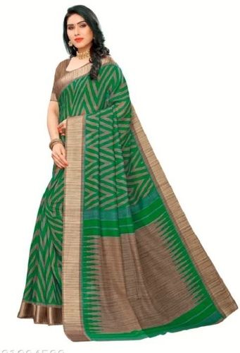 Party Wear Light Weight Unfadable Printed Linen Saree With Blouse For Ladies