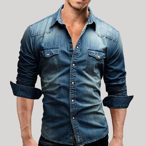 Washable And Breathable Blue Full Sleeve Casual Wear Staright Collar Denim Shirt 
