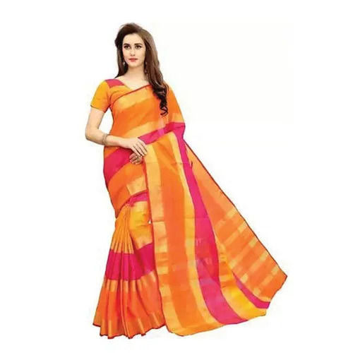 Yellow Embroidered Cotton Silk Saree For Women