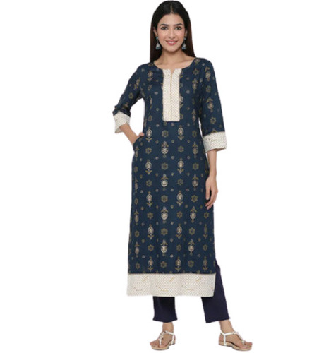 Navy Blue Ladies Comfortable 3/4Th Sleeves Round Neck Casual Wear Printed Cotton Kurti