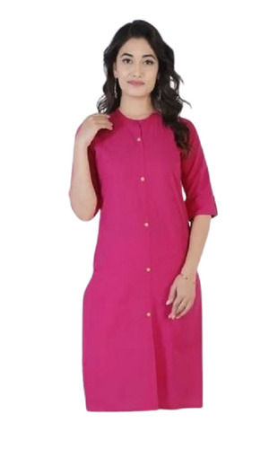 Pink Washable Half Sleeves Casual Wear Plain Cotton Kurti For Ladies