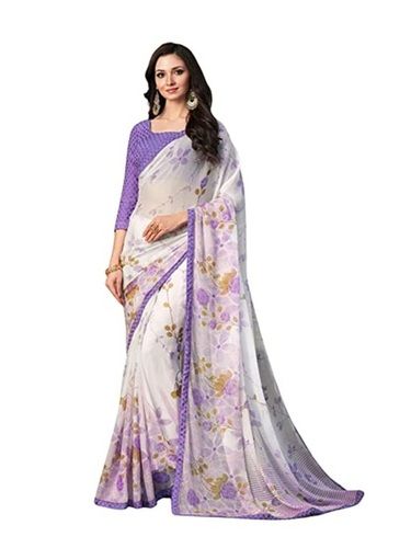 White And Purple Floral Printed Chiffon Daily Wear Ladies Saree 