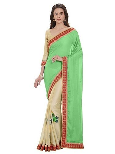 Indian Style Plain Pattern Party Wear Cream And Green Color Saree