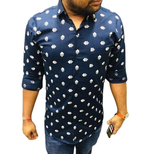 Men Stylish Full Sleeve and Classic Collar Blue Printed Cotton Shirt