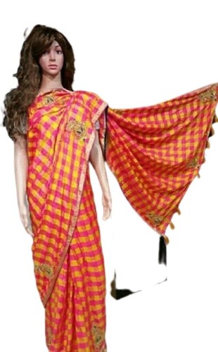 Women Party Wear Elegant Look Lightweight Yellow And Red Checkered Saree