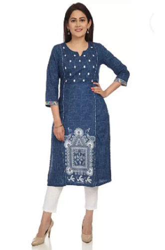 Blue Trendy Style And Formal Wear 3/4Th Sleeves With Embroidered Pattern Cotton Kurti For Ladies