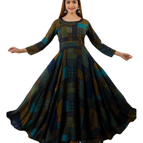 Dark Green Ladies 3/4Th Sleeve Ankle Length Anarkali Kurti