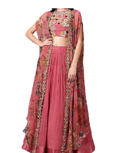 Pink Indo-western Saree And Layered Sleeves Blouse Set | Crepe