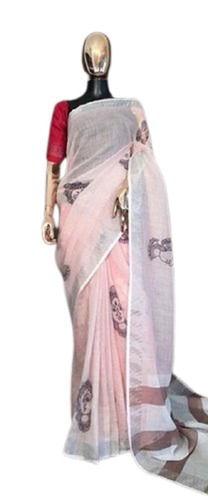 Pink Sumshy Fancy Printed Pattern Pure Cotton Material Linen Sarees With Blouse Piece 