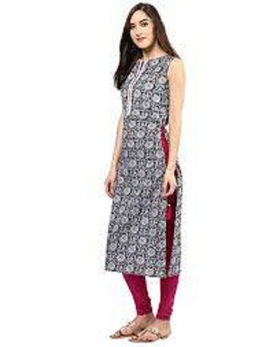 Ladies Printed Sleeveless Knee Length Cotton Kurti For Casual Wear