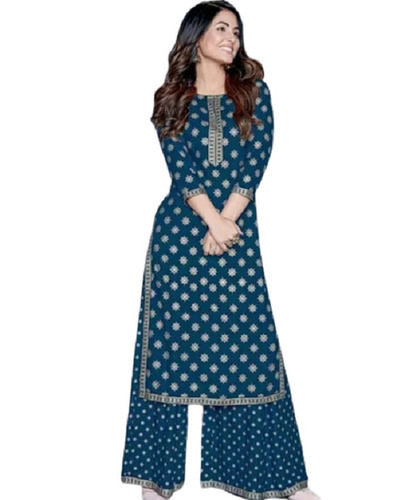 Blue Ladies Regular Fit 3/4Th Sleeves Round Neck Printed Rayon Palazzo Suit