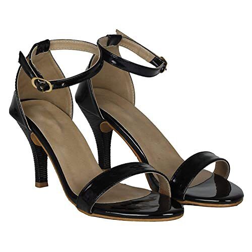 Black Stylish Buckle Closure Party Wear Leather Pencil Heel Sandal For Women