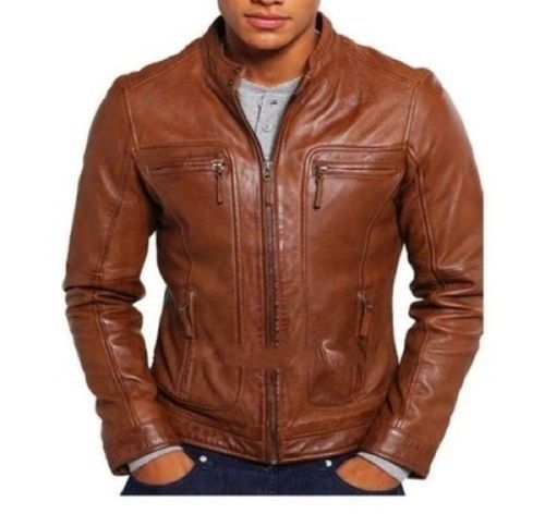 Woolen Mens Fashionable Comfortable Brown Leather Jacket