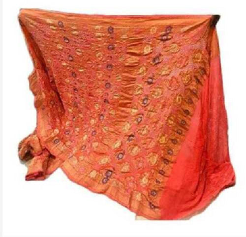 Orange Ladies Hand Embroidered Bandhani Silk Saree