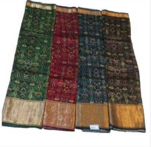 Multicolour Washable Breathable Golden Zari Border Printed Multicolor Tissue Linen Saree