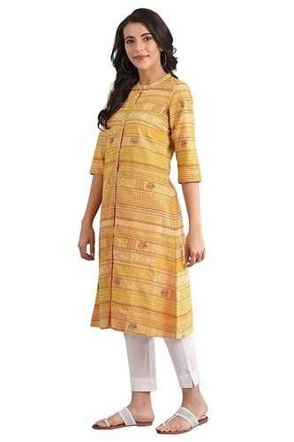 Yellow Ladies Casual 3-4Th Sleeves Banded Collar Printed A-Line Cotton Kurti