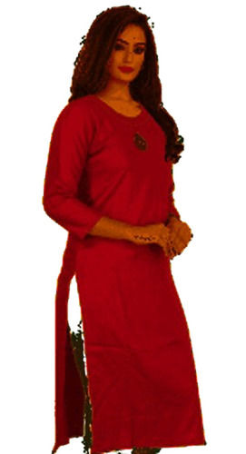 Ladies Cotton Kurti - Long Regular Fit, 3-4th Sleeve, Plain Red, Machine Washable, Shrink & Tear Resistant