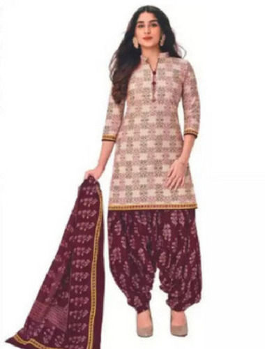 3/4th Sleeves Printed Casual Wear Soft Cotton Patiala Salwar Suit With Dupatta 