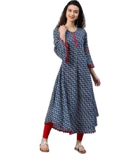 Blue Printed Cotton Mirror Work Comfortable Washable Stylish Modern Ladies Kurti