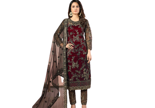 लेडीज़ लॉन्ग स्लीव राउंड नेक कैज़ुअल वियर नेट और सैटिन एम्ब्रॉयडरी सूट इंजेक्शन