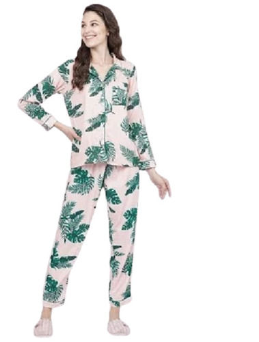 Soft Nylon Printed Full Sleeves Shirt With Ankle Length Pajama Night Suit Set For Ladies